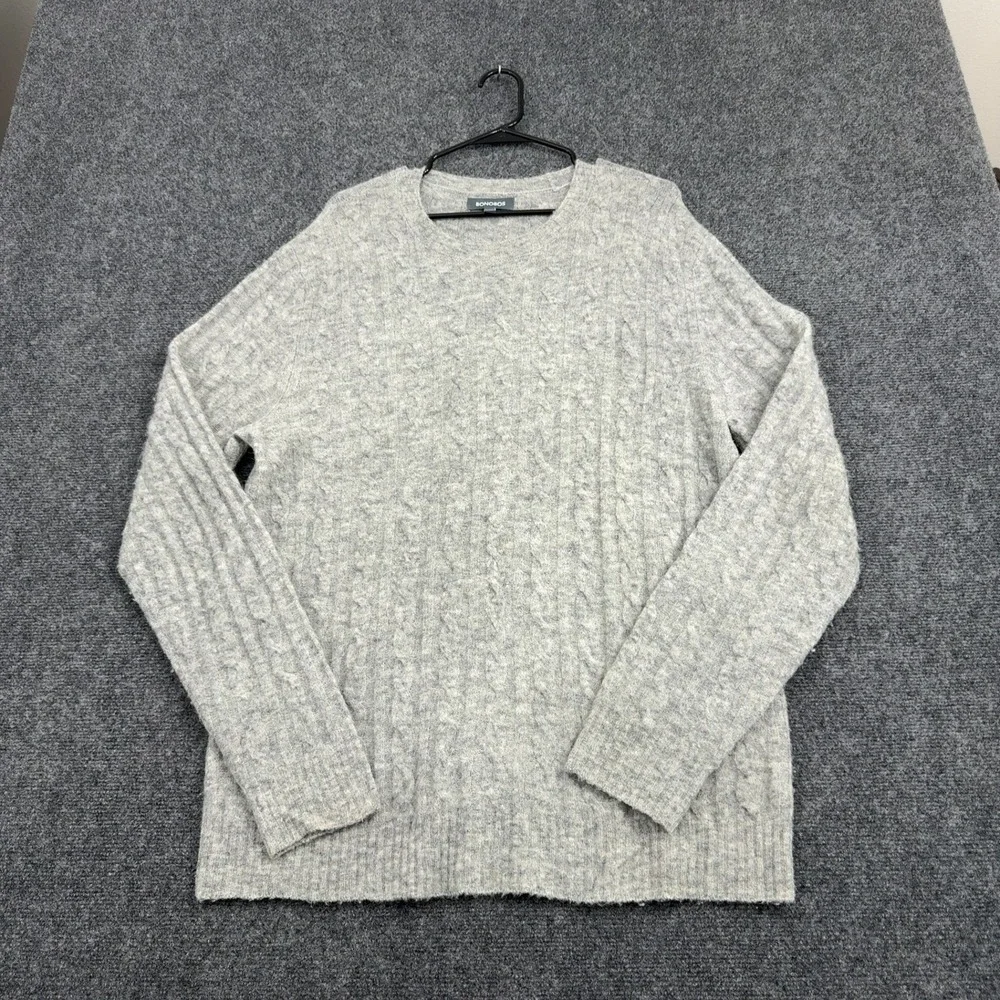 Bonobos Sweater Mens L Gray Merino Wool Alpaca Cable Knit Crewneck Slim Fit